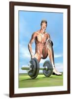 Male Musculature Looking at a Dumbbell on the Grass-null-Framed Art Print