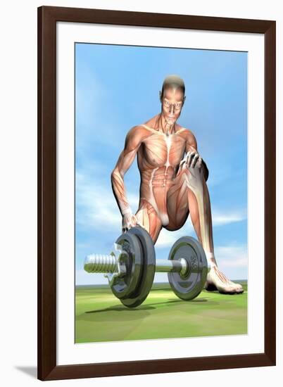 Male Musculature Looking at a Dumbbell on the Grass-null-Framed Art Print