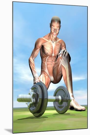 Male Musculature Looking at a Dumbbell on the Grass-null-Mounted Art Print