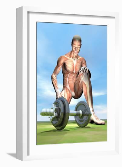 Male Musculature Looking at a Dumbbell on the Grass-null-Framed Art Print