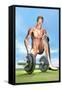 Male Musculature Looking at a Dumbbell on the Grass-null-Framed Stretched Canvas