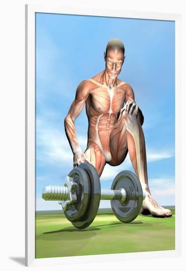 Male Musculature Looking at a Dumbbell on the Grass-null-Framed Art Print