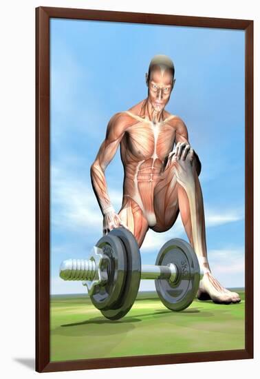 Male Musculature Looking at a Dumbbell on the Grass-null-Framed Art Print