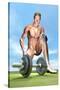 Male Musculature Looking at a Dumbbell on the Grass-null-Stretched Canvas