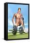 Male Musculature Looking at a Dumbbell on the Grass-null-Framed Stretched Canvas