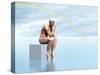 Male Musculature Sitting on a Cube, Thinking under a Rainbow-null-Stretched Canvas