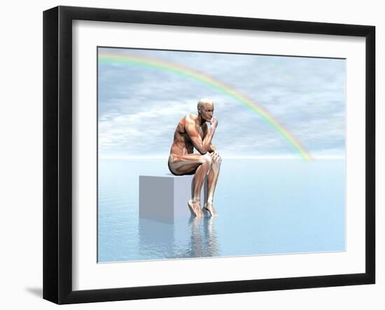 Male Musculature Sitting on a Cube, Thinking under a Rainbow-null-Framed Art Print