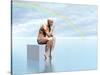Male Musculature Sitting on a Cube, Thinking under a Rainbow-null-Stretched Canvas