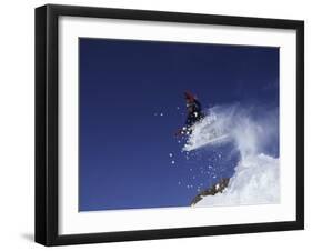 Male Snowboarder Flying Through the Air-null-Framed Premium Photographic Print