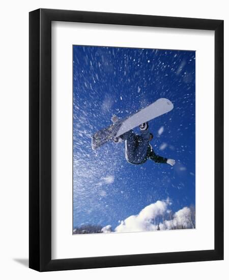 Male Snowboarder Flying Throught the Air-null-Framed Premium Photographic Print