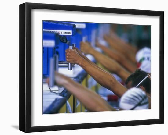 Male Swimmers at the Start of a Backstroke Race-null-Framed Premium Photographic Print