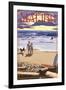 Malibu, California - Beach Scene and Surfers-Lantern Press-Framed Art Print