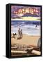 Malibu, California - Beach Scene and Surfers-Lantern Press-Framed Stretched Canvas