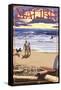 Malibu, California - Beach Scene and Surfers-Lantern Press-Framed Stretched Canvas