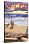 Malibu, California - Beach Scene and Surfers-Lantern Press-Stretched Canvas