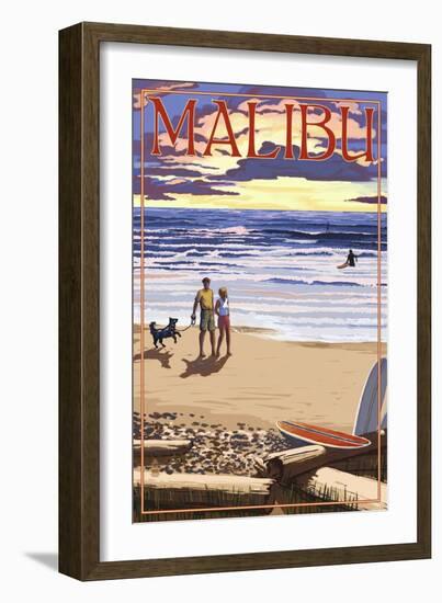 Malibu, California - Beach Scene and Surfers-Lantern Press-Framed Art Print