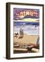 Malibu, California - Beach Scene and Surfers-Lantern Press-Framed Art Print