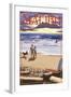 Malibu, California - Beach Scene and Surfers-Lantern Press-Framed Art Print