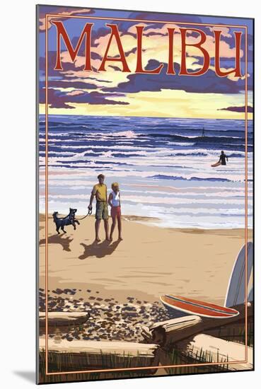 Malibu, California - Beach Scene and Surfers-Lantern Press-Mounted Art Print