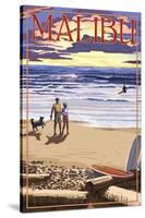 Malibu, California - Beach Scene and Surfers-Lantern Press-Stretched Canvas