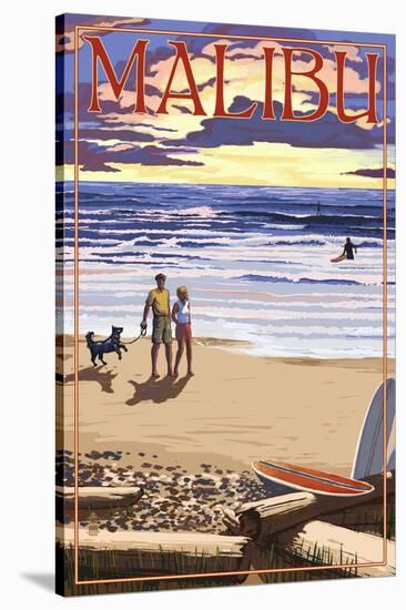 Malibu, California - Beach Scene and Surfers-Lantern Press-Stretched Canvas