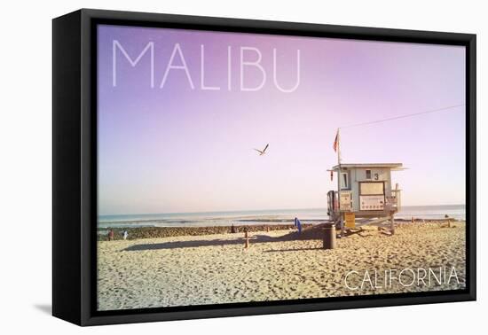 Malibu, California - Lifeguard Shack Sunrise-Lantern Press-Framed Stretched Canvas