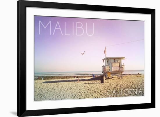 Malibu, California - Lifeguard Shack Sunrise-Lantern Press-Framed Premium Giclee Print