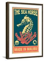 Malibu, California - Seahorse Woodblock (Blue and Pink)-Lantern Press-Framed Art Print