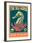 Malibu, California - Seahorse Woodblock (Blue and Pink)-Lantern Press-Framed Art Print