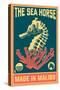 Malibu, California - Seahorse Woodblock (Blue and Pink)-Lantern Press-Stretched Canvas