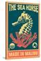 Malibu, California - Seahorse Woodblock (Blue and Pink)-Lantern Press-Stretched Canvas