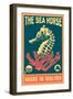 Malibu, California - Seahorse Woodblock (Blue and Pink)-Lantern Press-Framed Art Print