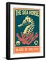 Malibu, California - Seahorse Woodblock (Blue and Pink)-Lantern Press-Framed Art Print