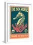 Malibu, California - Seahorse Woodblock (Blue and Pink)-Lantern Press-Framed Art Print