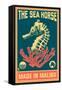 Malibu, California - Seahorse Woodblock (Blue and Pink)-Lantern Press-Framed Stretched Canvas