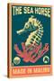 Malibu, California - Seahorse Woodblock (Blue and Pink)-Lantern Press-Stretched Canvas
