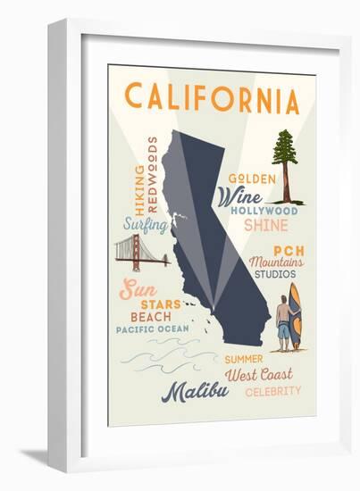 Malibu, California - Typography and Icons-Lantern Press-Framed Art Print