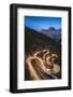 Maloja pass, Graubunden canton, Switzerland. Cars light up the bending mountain road heading to the-Marco Bottigelli-Framed Photographic Print