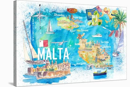 Malta Illustrated Island Travel Map with Roads and Highlights-M. Bleichner-Stretched Canvas
