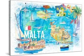 Malta Illustrated Island Travel Map with Roads and Highlights-M. Bleichner-Stretched Canvas