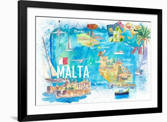 Malta Illustrated Island Travel Map with Roads and Highlights-M. Bleichner-Framed Art Print