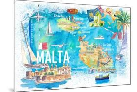 Malta Illustrated Island Travel Map with Roads and Highlights-M. Bleichner-Mounted Art Print