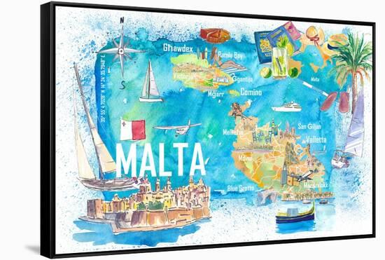 Malta Illustrated Island Travel Map with Roads and Highlights-M. Bleichner-Framed Stretched Canvas