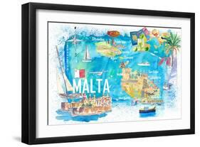 Malta Illustrated Island Travel Map with Roads and Highlights-M. Bleichner-Framed Art Print