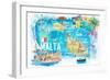 Malta Illustrated Island Travel Map with Roads and Highlights-M. Bleichner-Framed Art Print