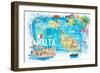 Malta Illustrated Island Travel Map with Roads and Highlights-M. Bleichner-Framed Premium Giclee Print