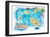 Malta Illustrated Island Travel Map with Roads and Highlights-M. Bleichner-Framed Premium Giclee Print