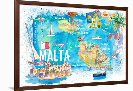 Malta Illustrated Island Travel Map with Roads and Highlights-M. Bleichner-Framed Art Print