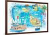 Malta Illustrated Island Travel Map with Roads and Highlights-M. Bleichner-Framed Art Print