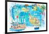 Malta Illustrated Island Travel Map with Roads and Highlights-M. Bleichner-Framed Art Print